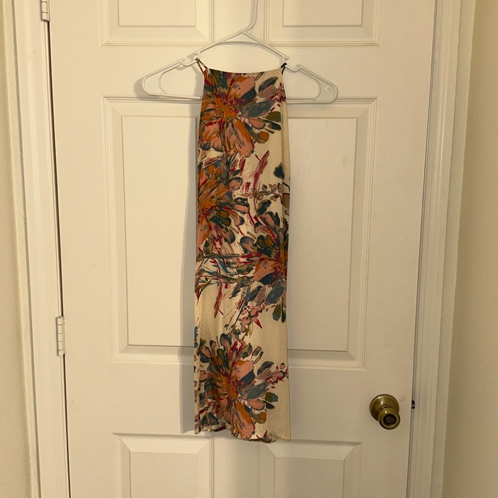 Cream floral medium dress, high neck, strappy back